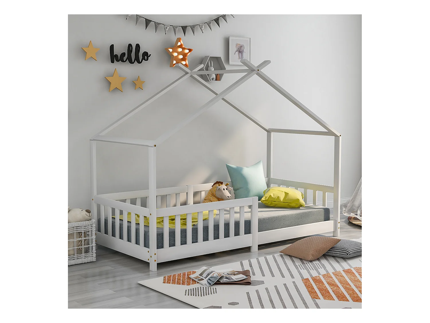 Letto a forma di casetta per bambini con sponde di sicurezza, in legno massello, bianco (90x200 cm)