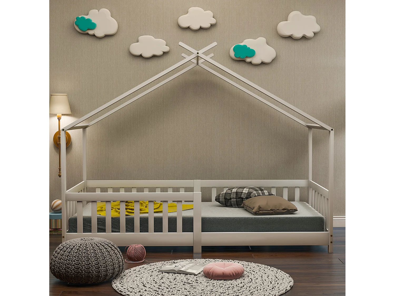 Letto a forma di casetta per bambini con sponde di sicurezza, in legno massello, bianco (90x200 cm)