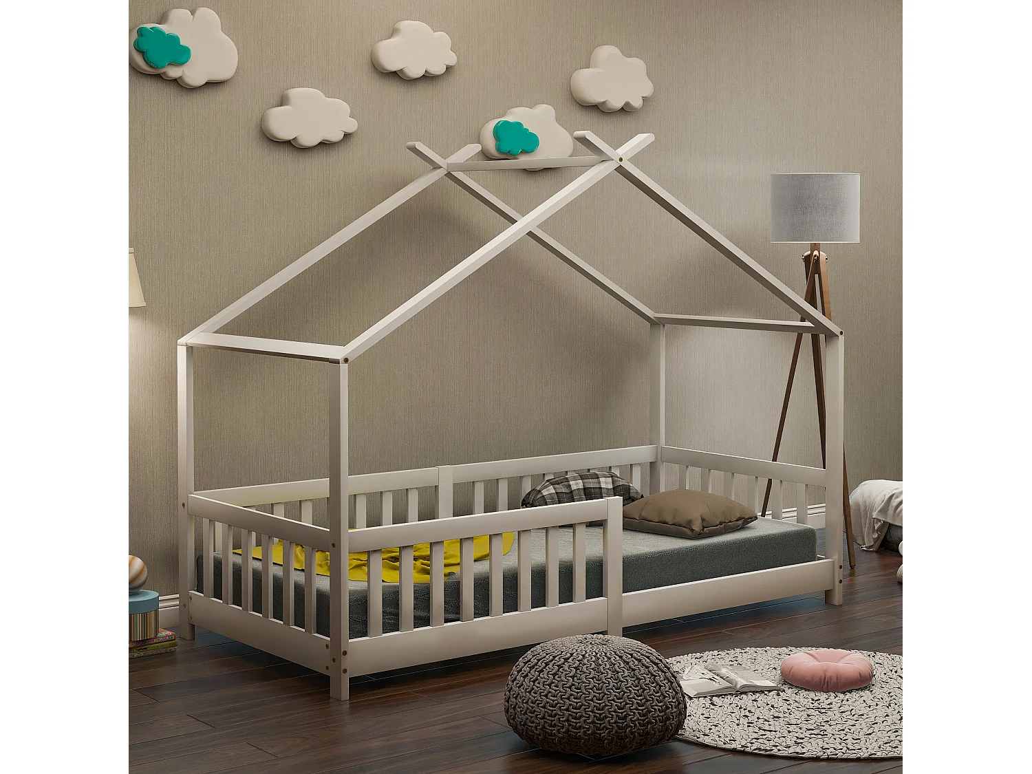 Letto a forma di casetta per bambini con sponde di sicurezza, in legno massello, bianco (90x200 cm)