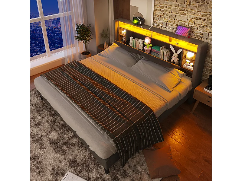 Tweepersoonsbed met opberghoofdeinde, USB-oplader en ledverlichting, massief houten structuur, grijs (160x200 cm) (afmetingen: 215x169x107 cm)