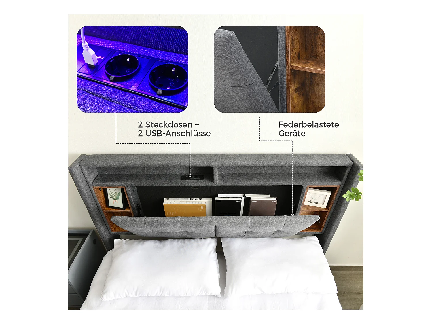 Tweepersoonsbed met opberghoofdeinde, USB-oplader en ledverlichting, massief houten structuur, grijs (160x200 cm) (afmetingen: 215x169x107 cm)