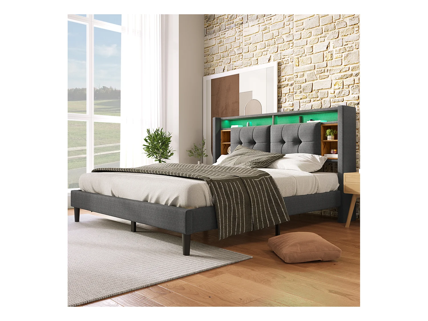 Tweepersoonsbed met opberghoofdeinde, USB-oplader en ledverlichting, massief houten structuur, grijs (160x200 cm) (afmetingen: 215x169x107 cm)