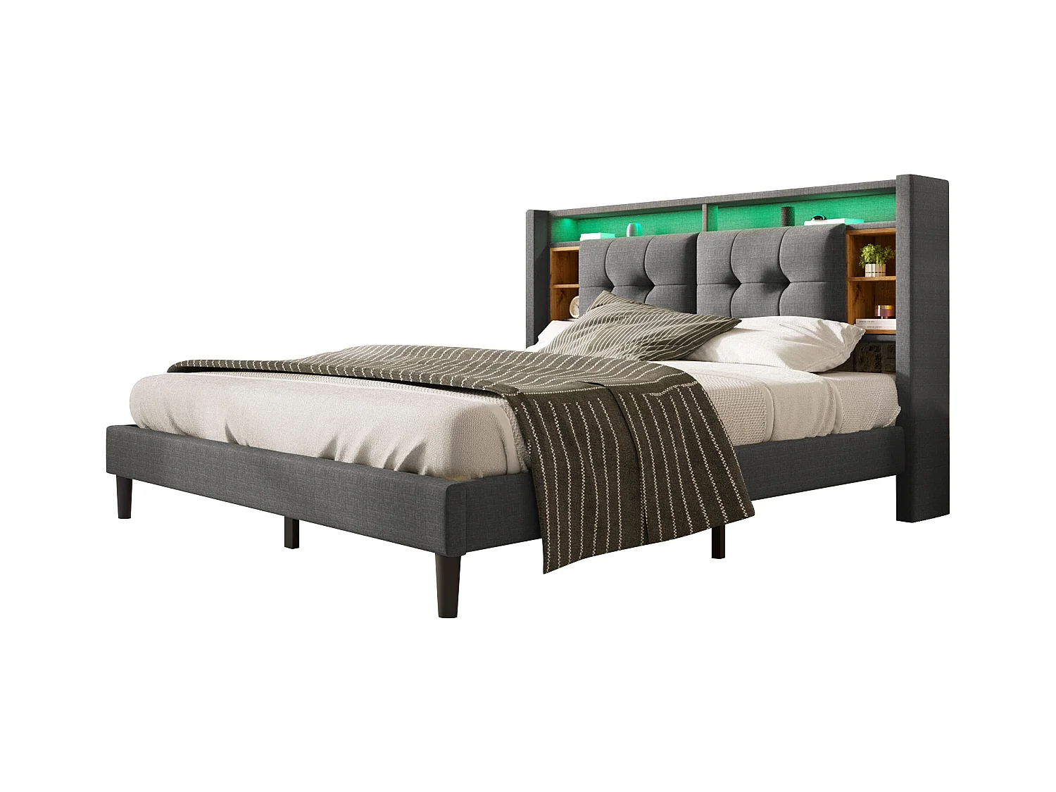 Tweepersoonsbed met opberghoofdeinde, USB-oplader en ledverlichting, massief houten structuur, grijs (160x200 cm) (afmetingen: 215x169x107 cm)