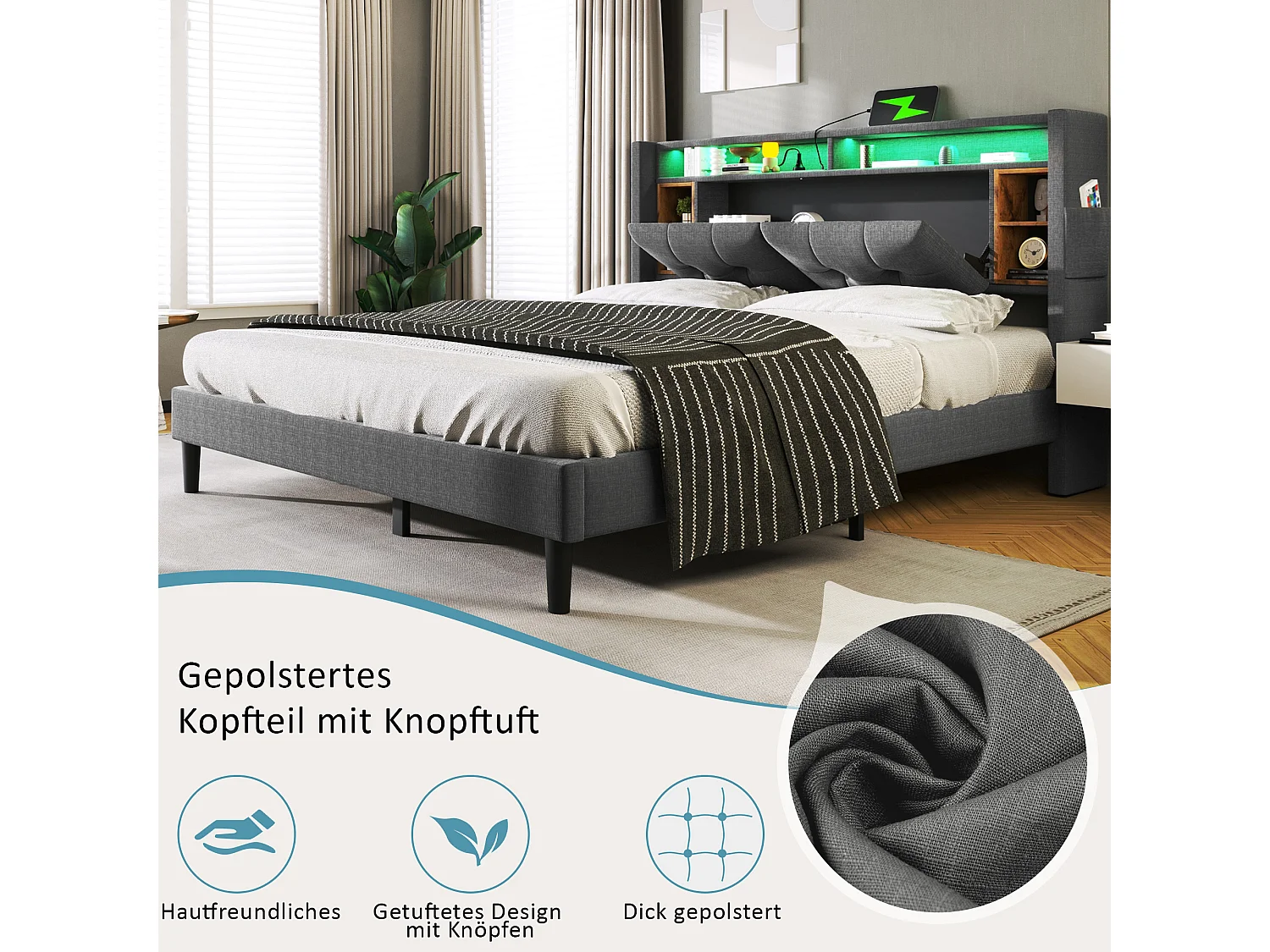 Lit double avec tête de lit de rangement, charge USB et éclairage LED, structure en bois massif, gris (160x200 cm) (dimensions : 215x169x107 cm)