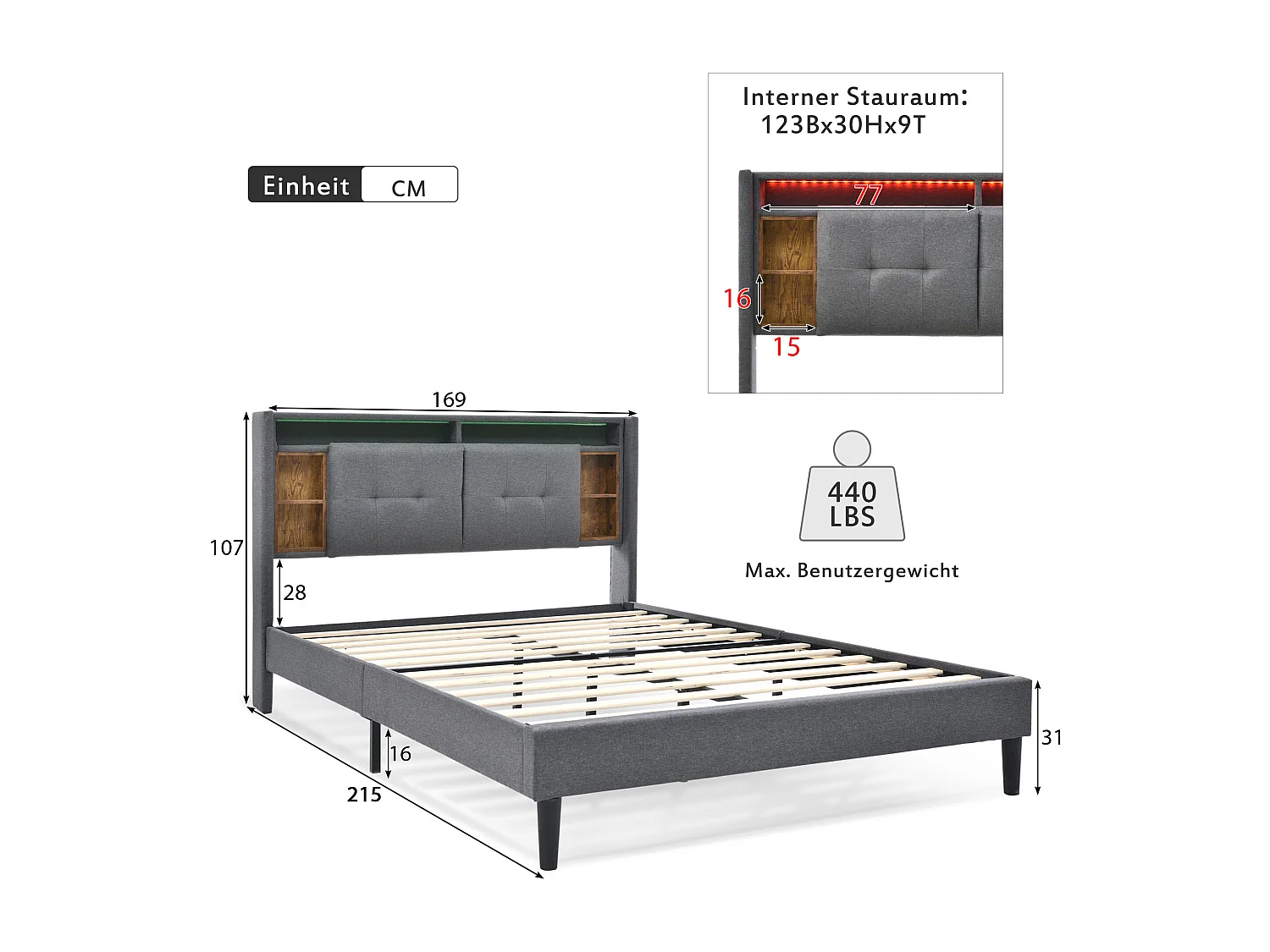 Lit double avec tête de lit de rangement, charge USB et éclairage LED, structure en bois massif, gris (160x200 cm) (dimensions : 215x169x107 cm)