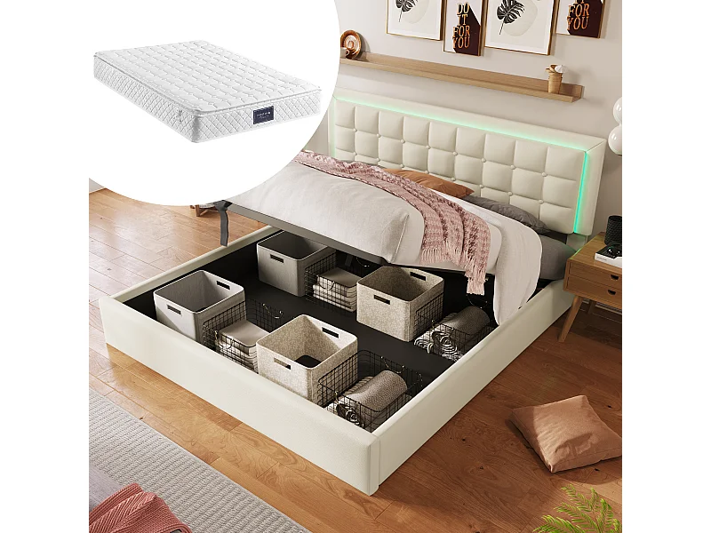 Tweepersoonsbed met opberghoofdeinde, LED-verlichting en USB-aansluiting, PU-houten frame, grijs (140x200 cm) (afmetingen: 214x149x107 cm)