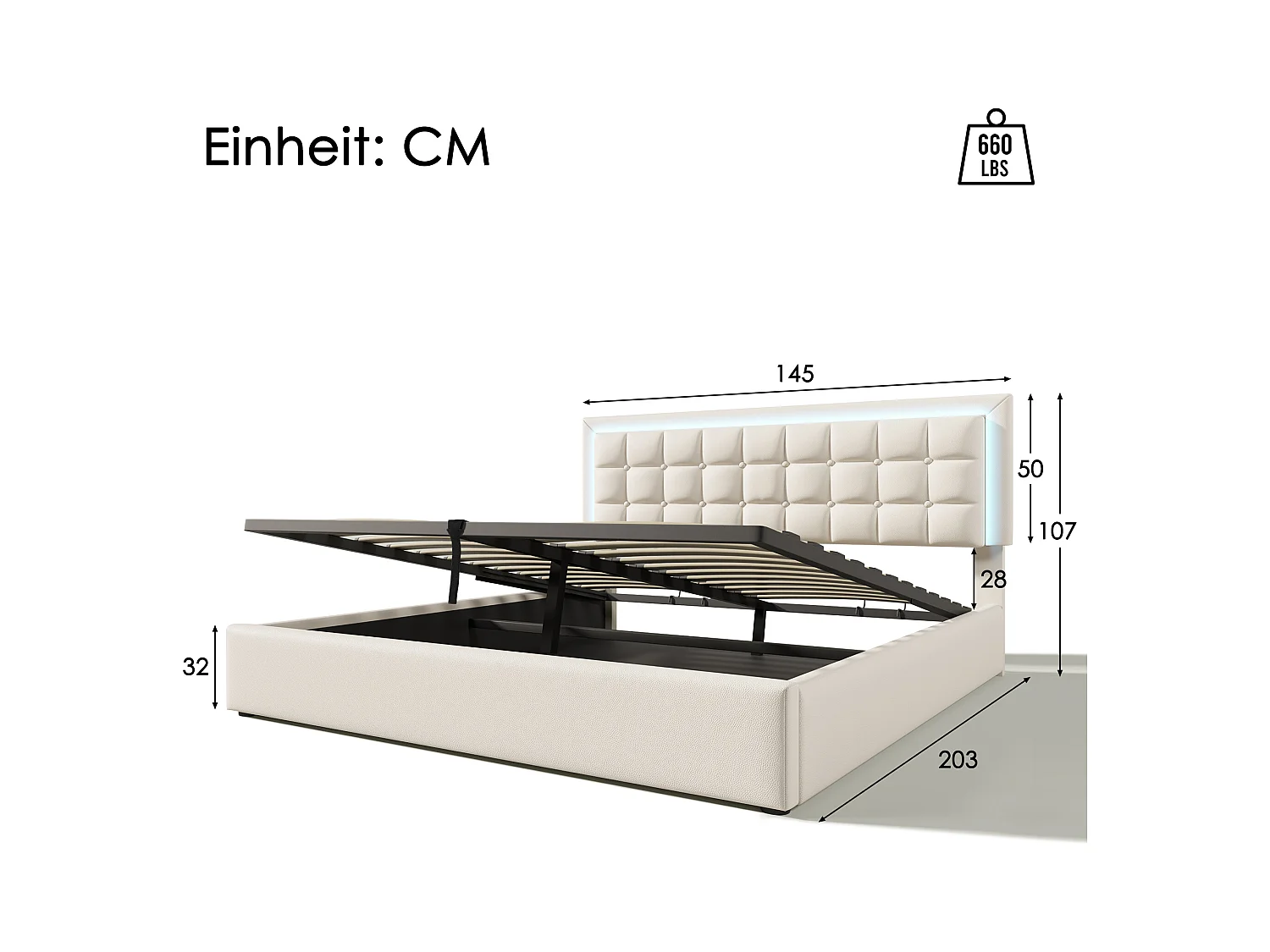 Tweepersoonsbed met opberghoofdeinde, LED-verlichting en USB-aansluiting, PU-houten frame, grijs (140x200 cm) (afmetingen: 214x149x107 cm)