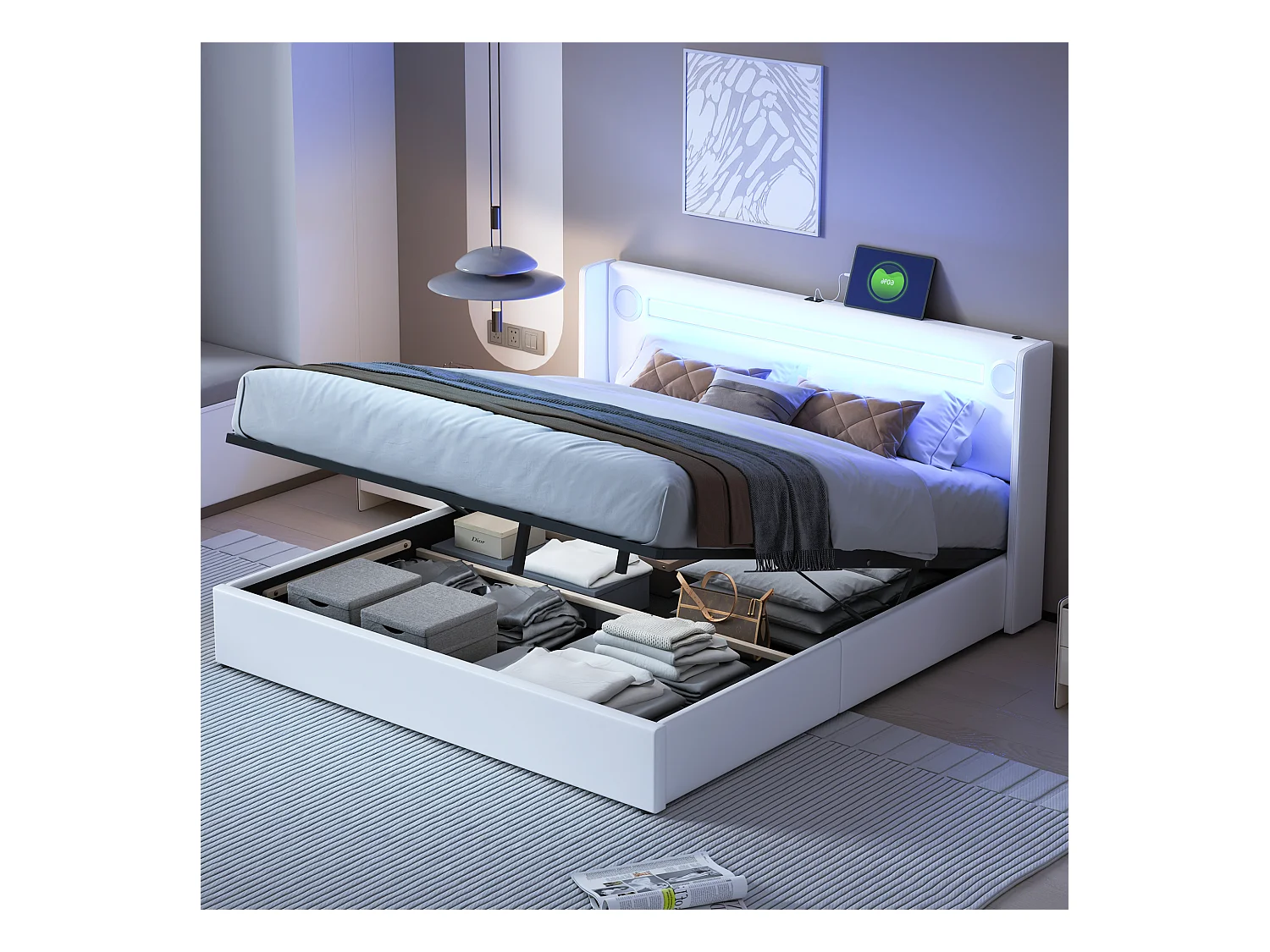 Lit coffre 160x200 cm, LED, lecteur Bluetooth, port USB, revêtement PU, rangement hydraulique, double avec sommier, blanc (212.5x166x103 cm)