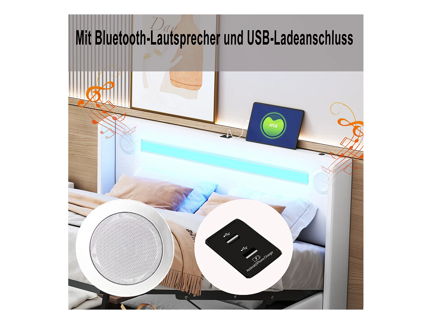 Lit coffre 160x200 cm, LED, lecteur Bluetooth, port USB, revêtement PU, rangement hydraulique, double avec sommier, blanc (212.5x166x103 cm)