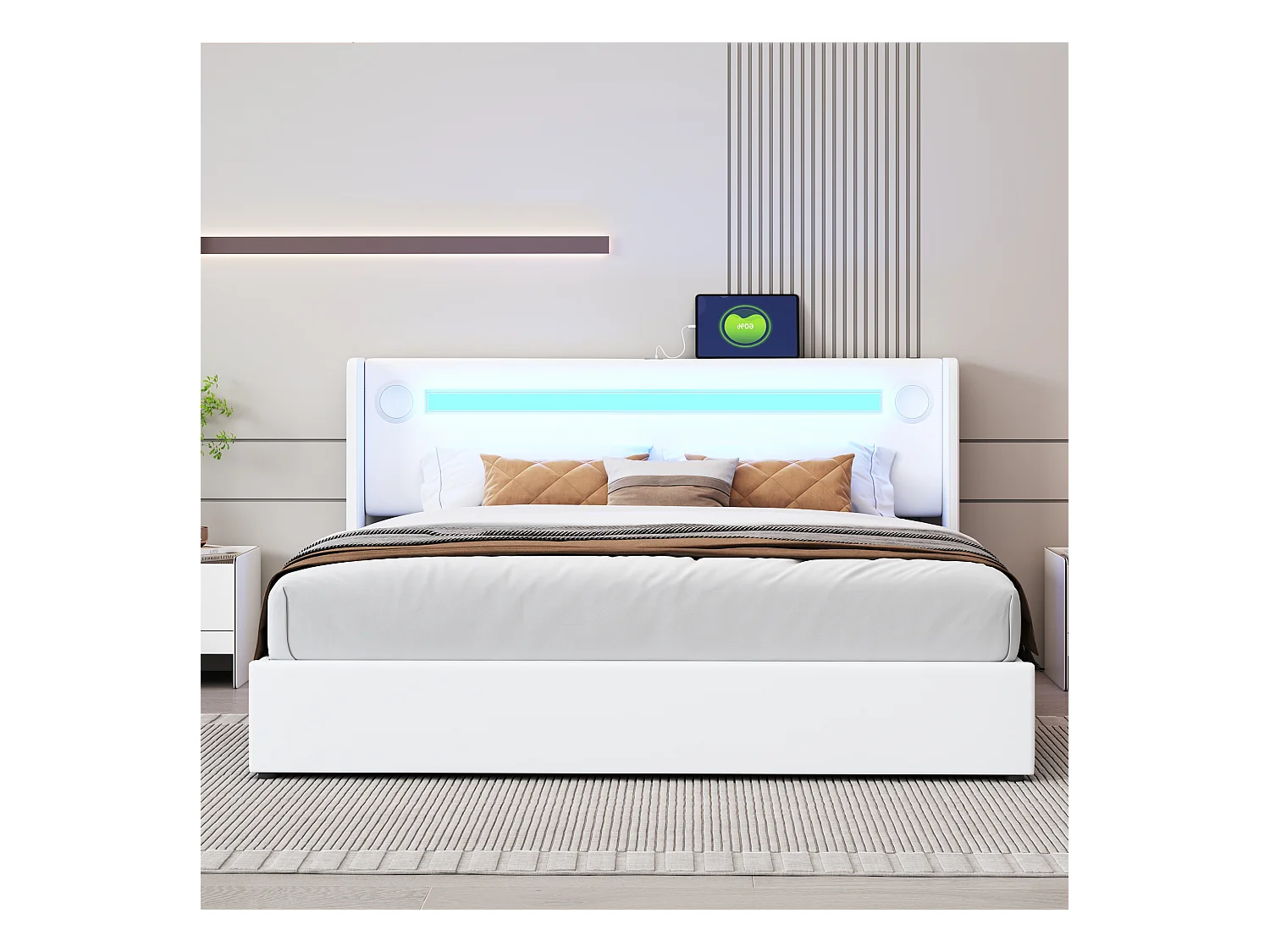 Lit coffre 160x200 cm, LED, lecteur Bluetooth, port USB, revêtement PU, rangement hydraulique, double avec sommier, blanc (212.5x166x103 cm)