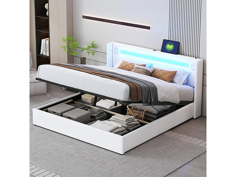 Letto contenitore 160x200 cm, LED, lettore Bluetooth, porta USB, rivestimento in PU, contenitore idraulico, matrimoniale con rete a doghe, bianco (212,5x166x103 cm)