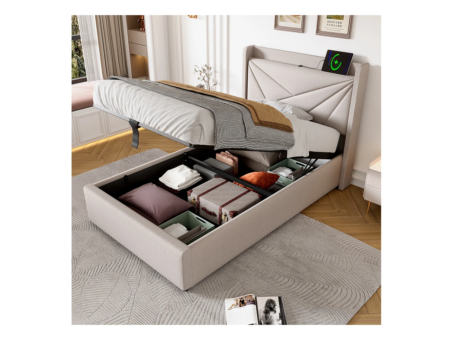 Lit simple coffre avec tête de lit USB Type C, structure en lin beige (96x208x107cm)