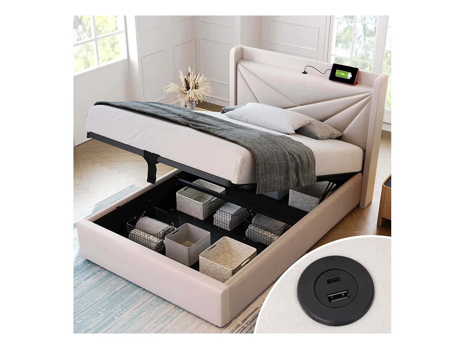 Lit simple coffre avec tête de lit USB Type C, structure en lin beige (96x208x107cm)