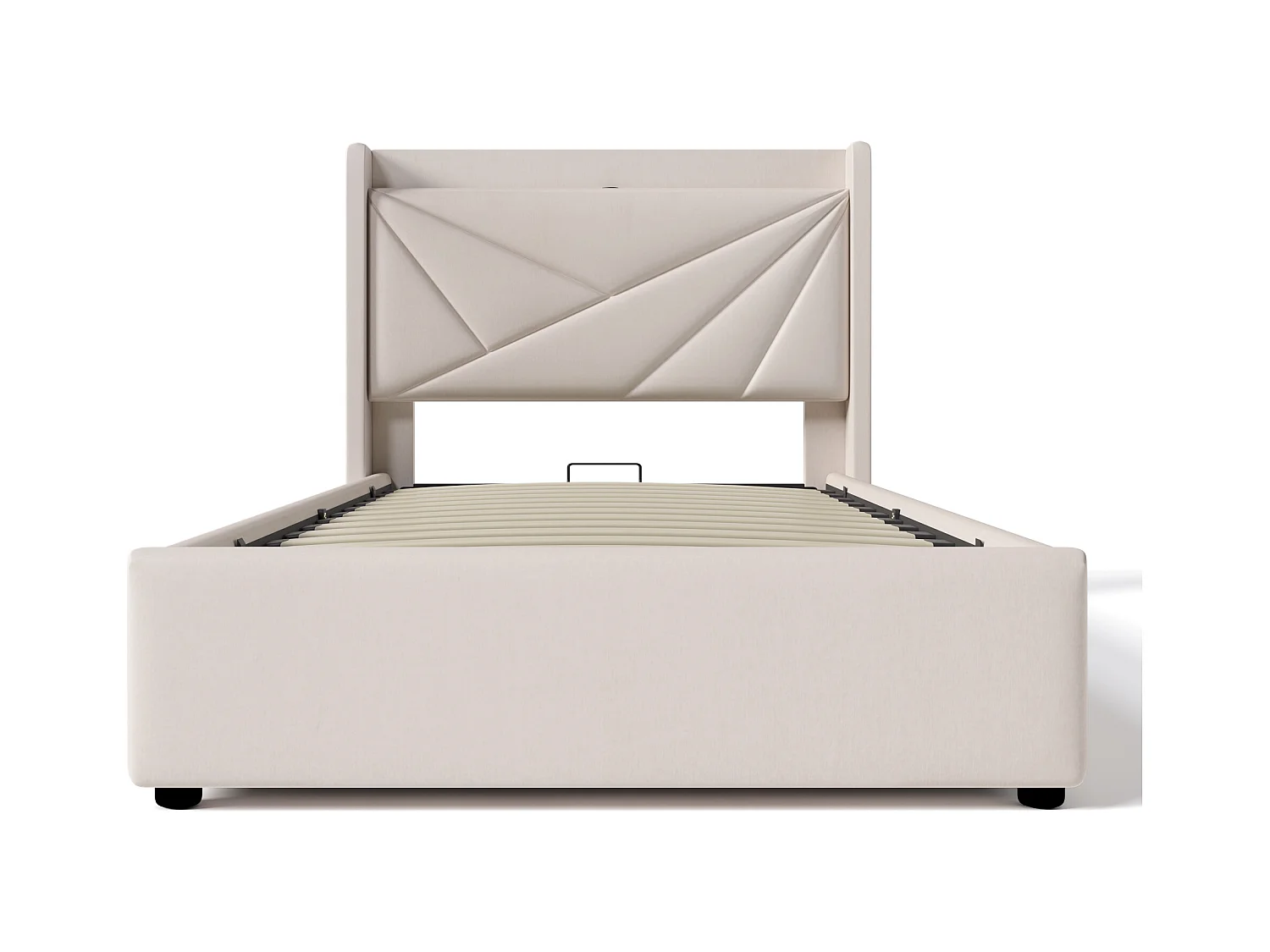 Lit simple coffre avec tête de lit USB Type C, structure en lin beige (96x208x107cm)