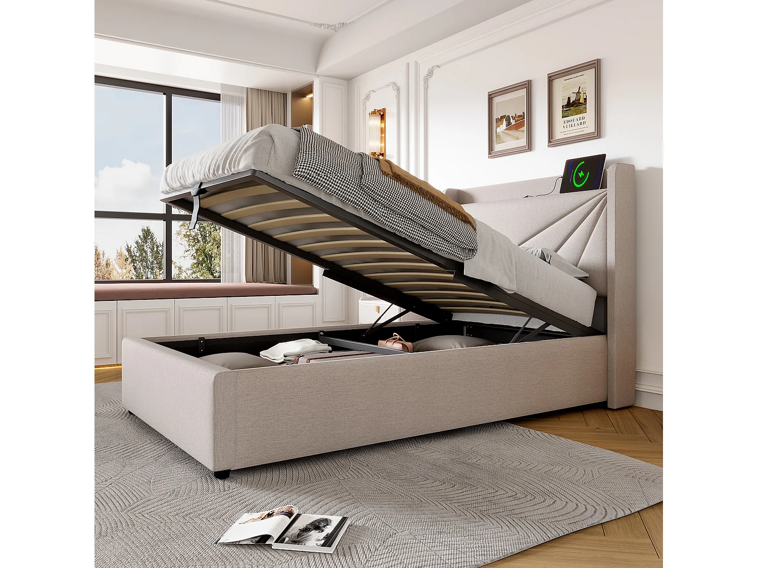 Letto singolo contenitore con testiera USB Type C, struttura in lino beige (96x208x107cm)