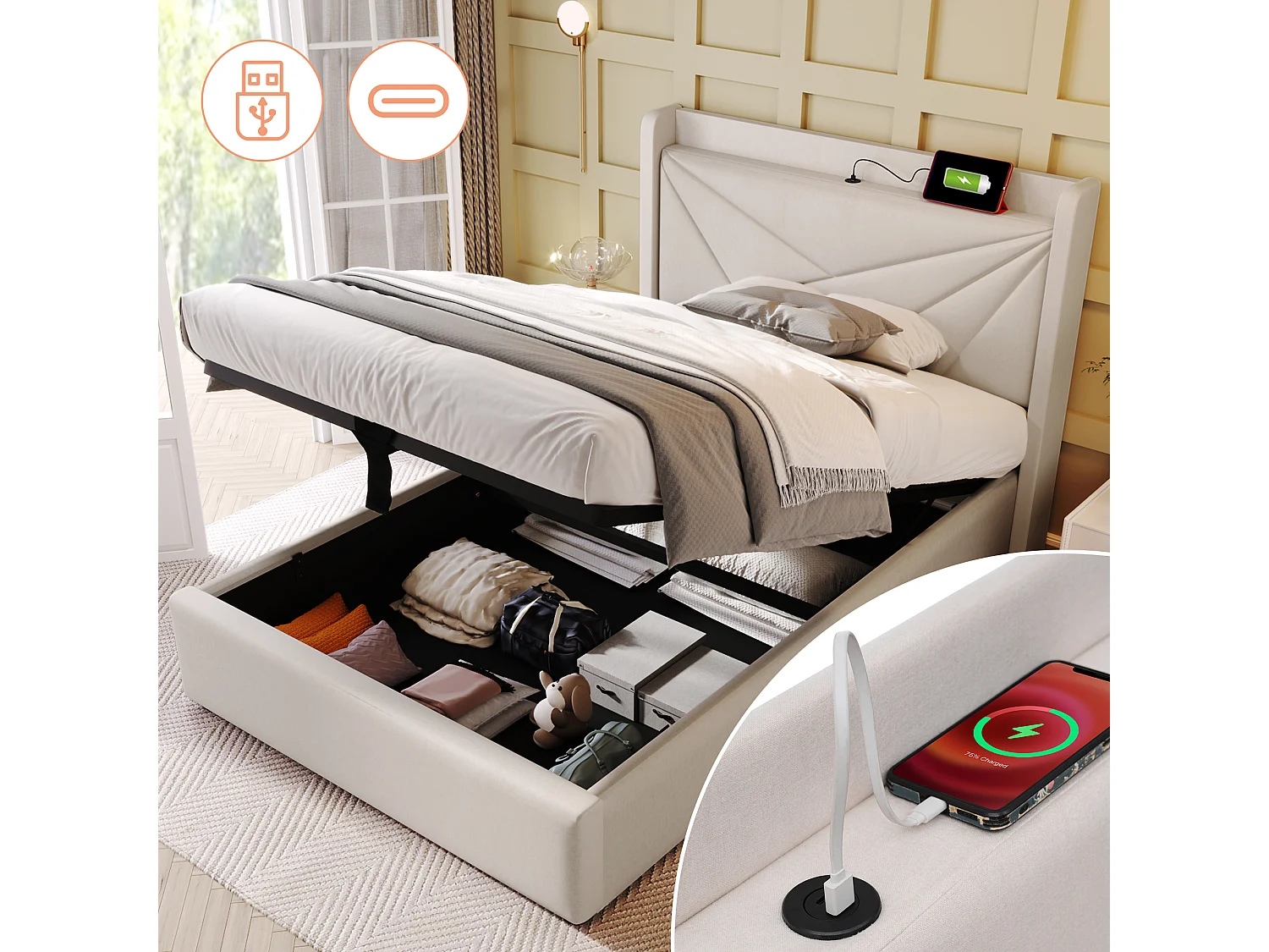 Letto singolo contenitore con testiera USB Type C, struttura in lino beige (96x208x107cm)