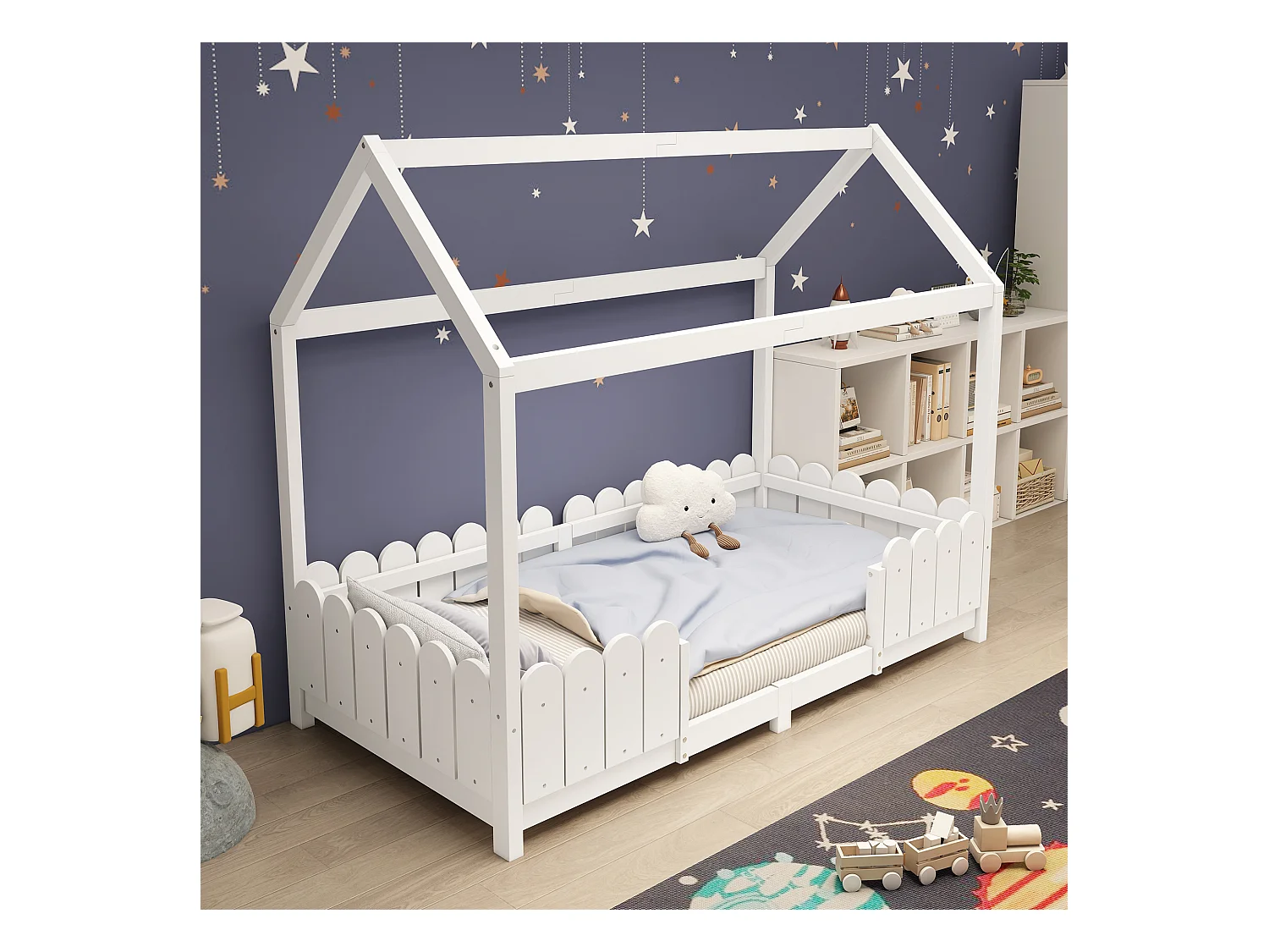 Lit cabane enfant avec protection anti-chute, bois massif, blanc (206x96x175cm)