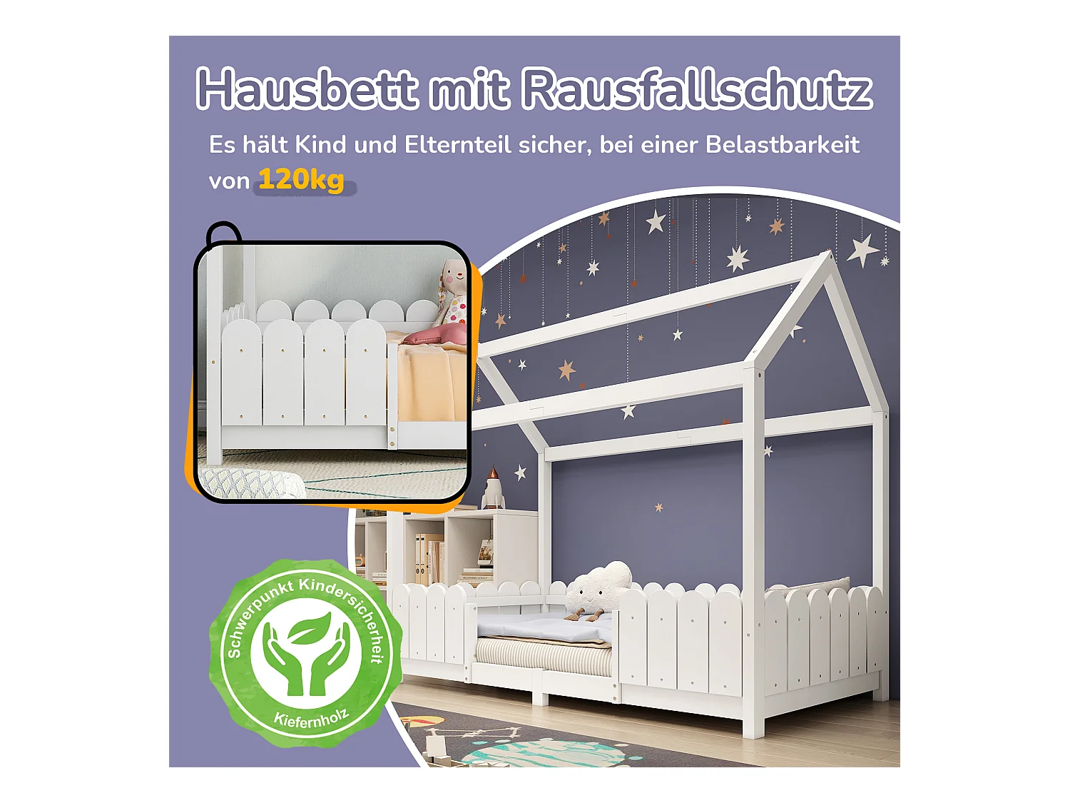 Lit cabane enfant avec protection anti-chute, bois massif, blanc (206x96x175cm)