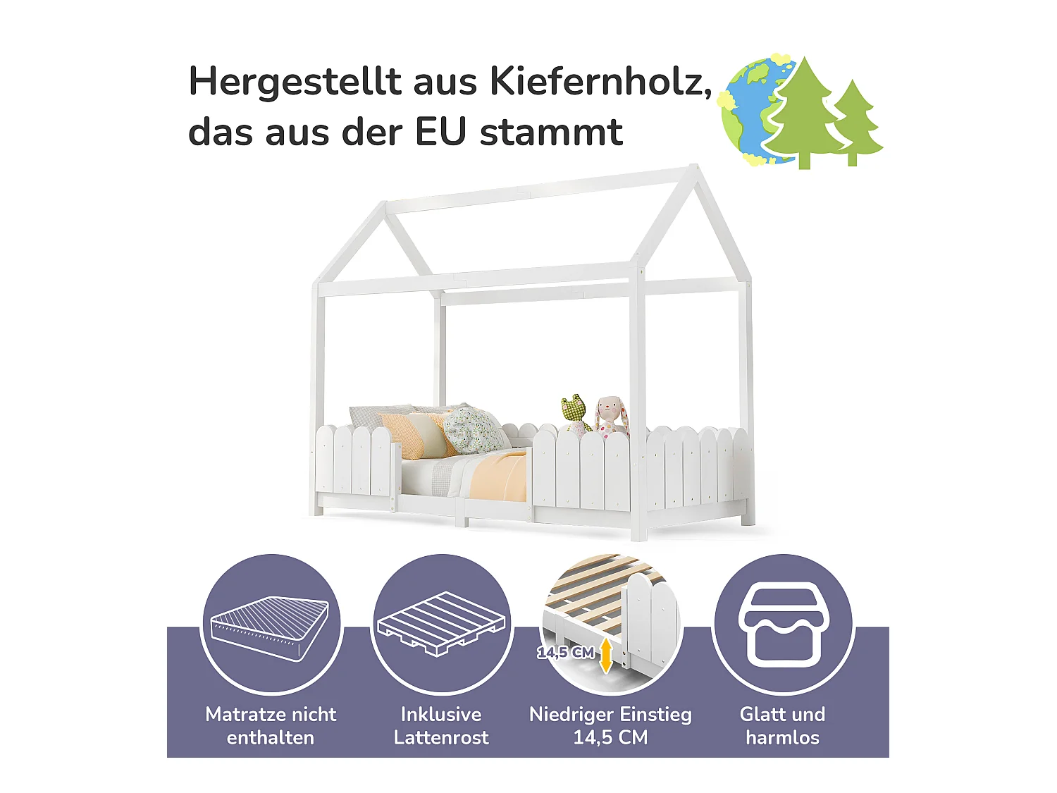 Lit cabane enfant avec protection anti-chute, bois massif, blanc (206x96x175cm)