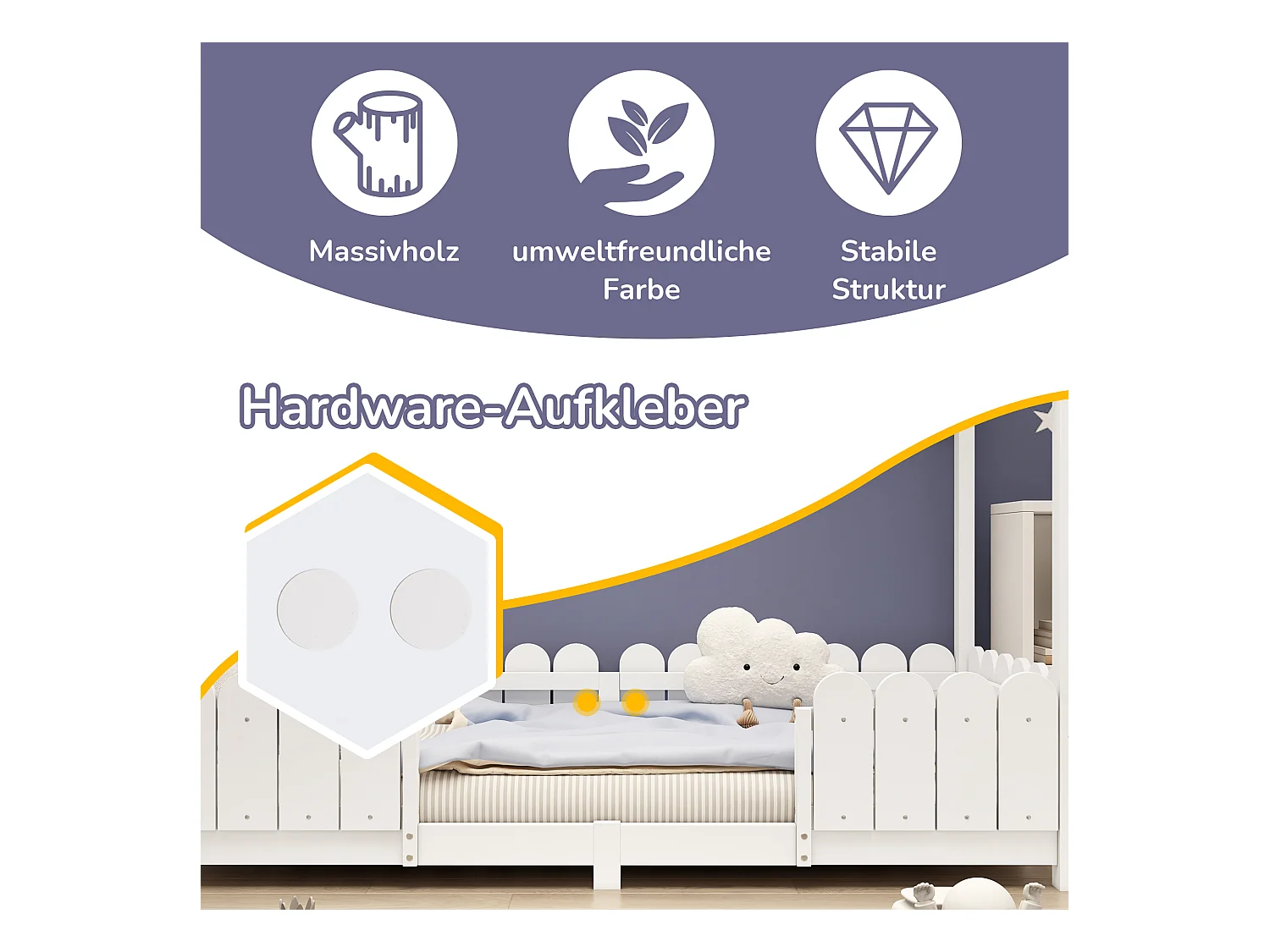 Lit cabane enfant avec protection anti-chute, bois massif, blanc (206x96x175cm)