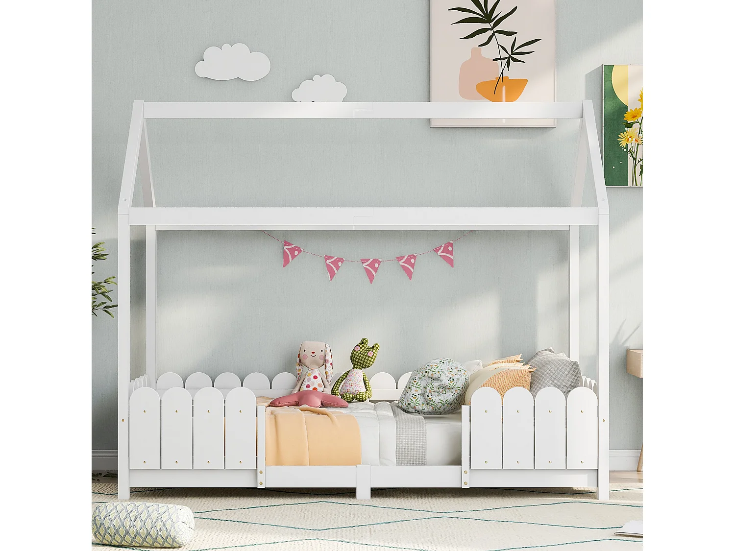 Lit cabane enfant avec protection anti-chute, bois massif, blanc (206x96x175cm)