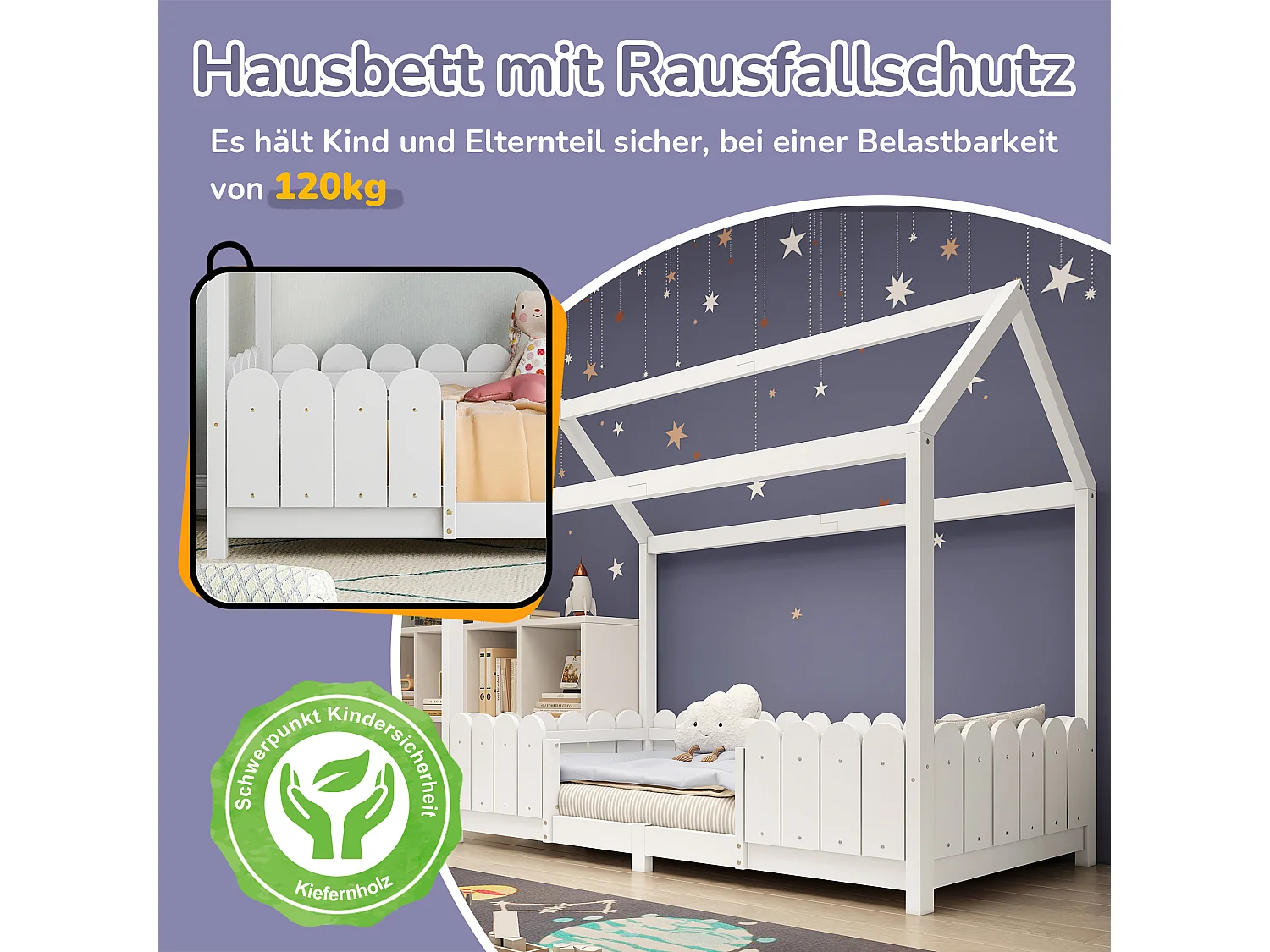 Lit cabane enfant avec protection anti-chute, bois massif, blanc (206x96x175cm)