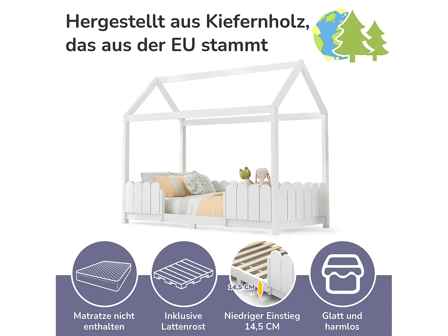 Lit cabane enfant avec protection anti-chute, bois massif, blanc (206x96x175cm)