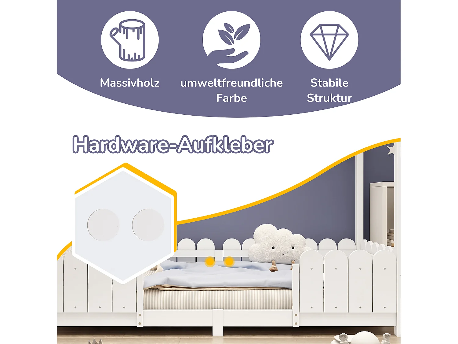 Lit cabane enfant avec protection anti-chute, bois massif, blanc (206x96x175cm)