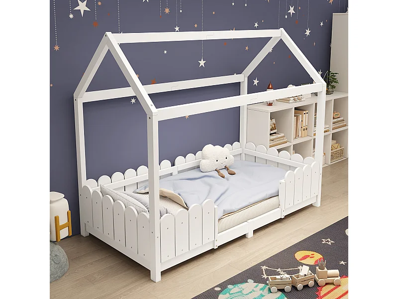 Lit cabane enfant avec protection anti-chute, bois massif, blanc (206x96x175cm)