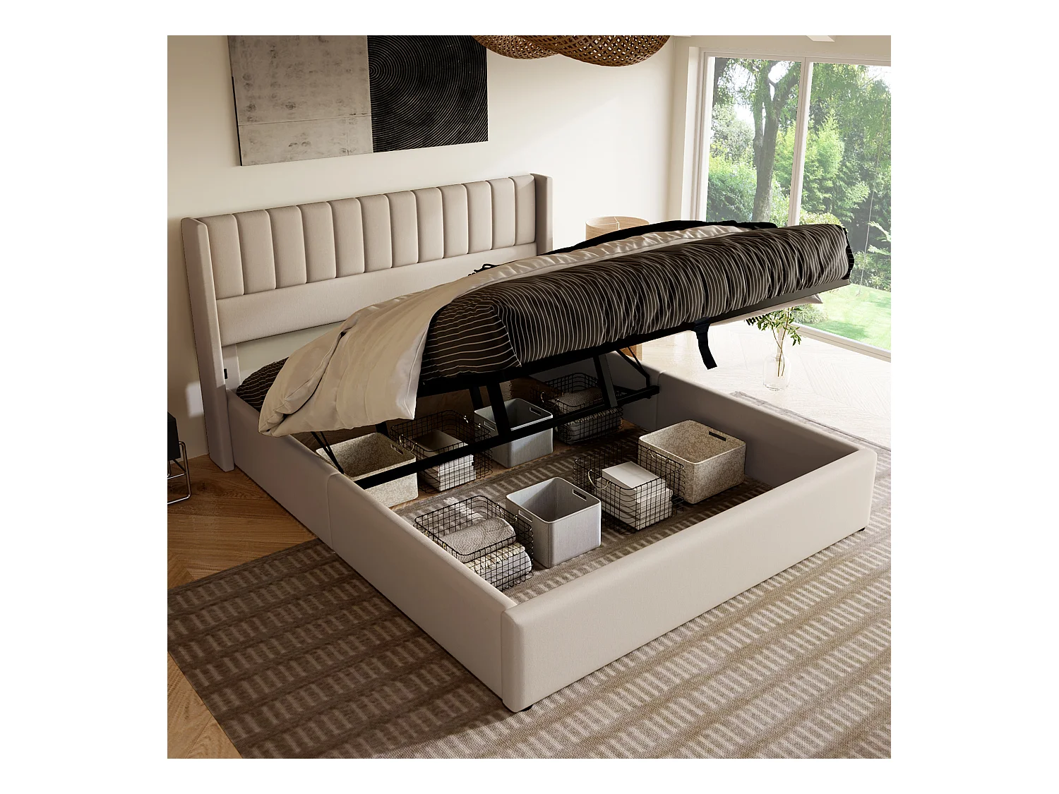 Lit double à rangement hydraulique, tissu lin, beige, avec sommier métallique (214.5x193x113cm)