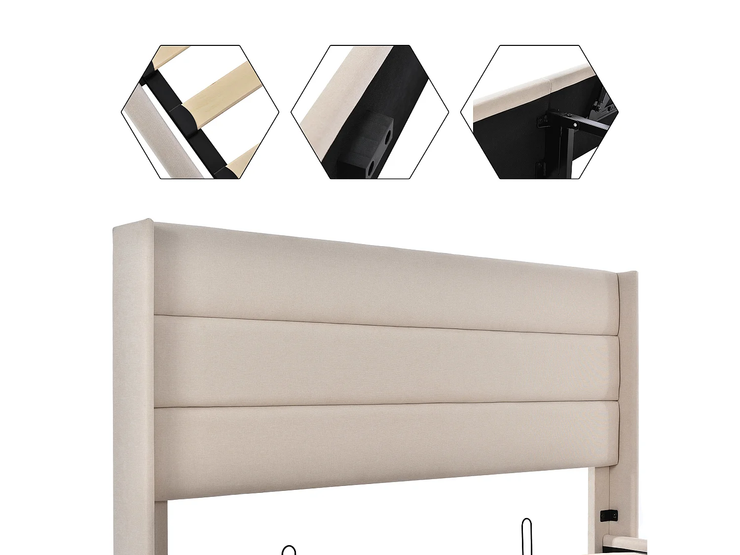 Bed met hydraulische opbergruimte, gestoffeerd bed 180x200 cm, verstelbaar hoofdeinde, beige linnen (afmetingen: 214,5x193,5x114 cm)