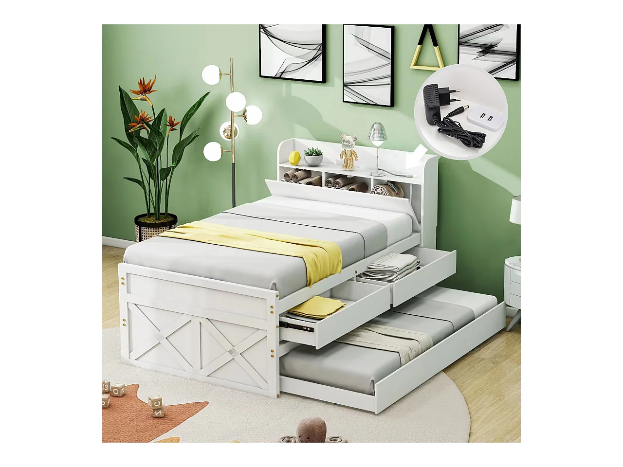 90x190 cm massief houten bed met uitschuifbare lade, lattenbodem en nachtkastje met USB, wit (213x94,5x105 cm)