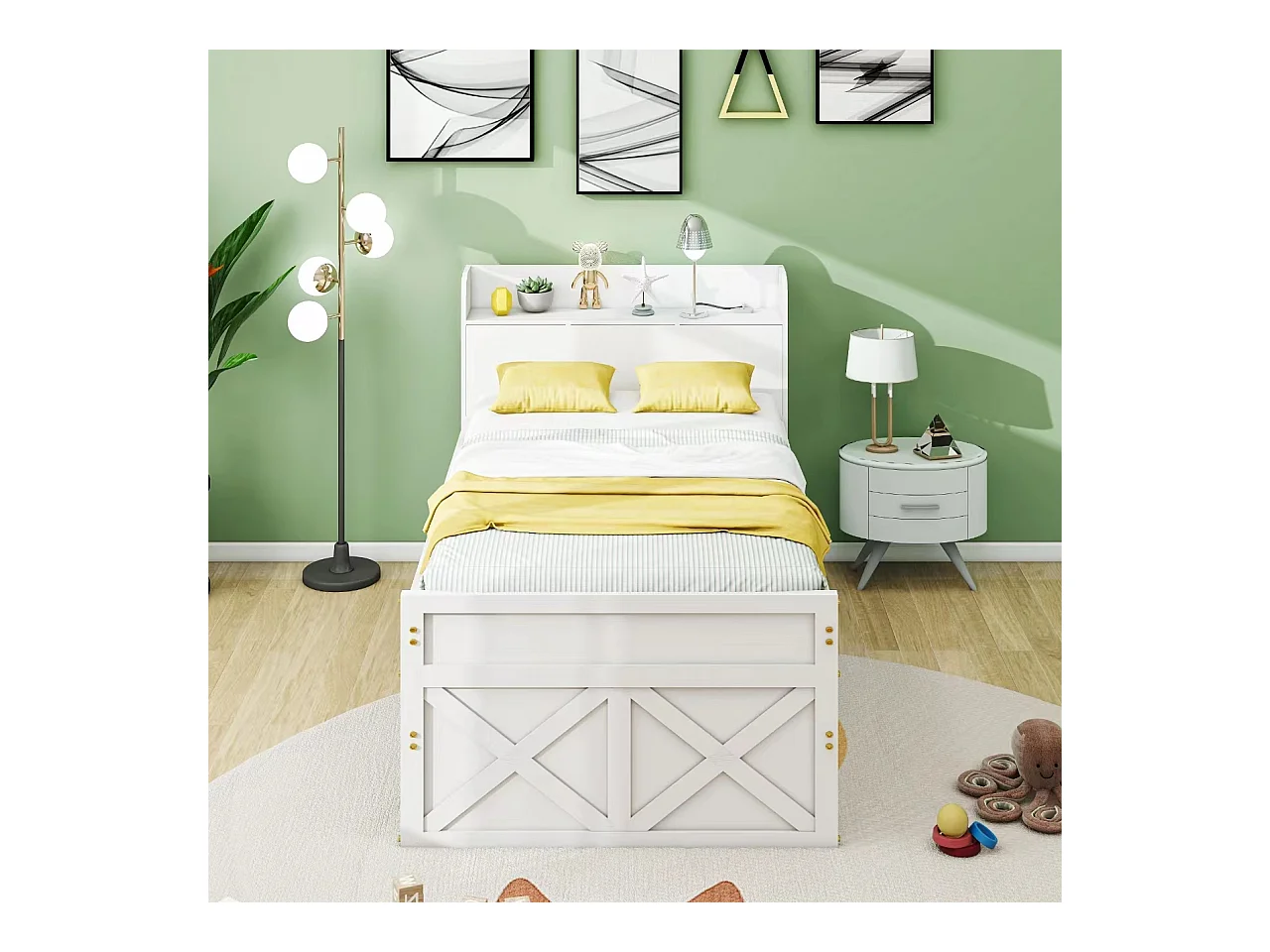 90x190 cm massief houten bed met uitschuifbare lade, lattenbodem en nachtkastje met USB, wit (213x94,5x105 cm)