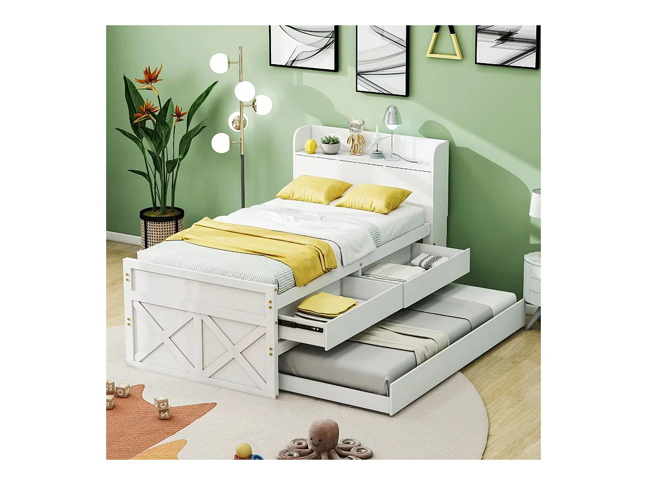 90x190 cm massief houten bed met uitschuifbare lade, lattenbodem en nachtkastje met USB, wit (213x94,5x105 cm)