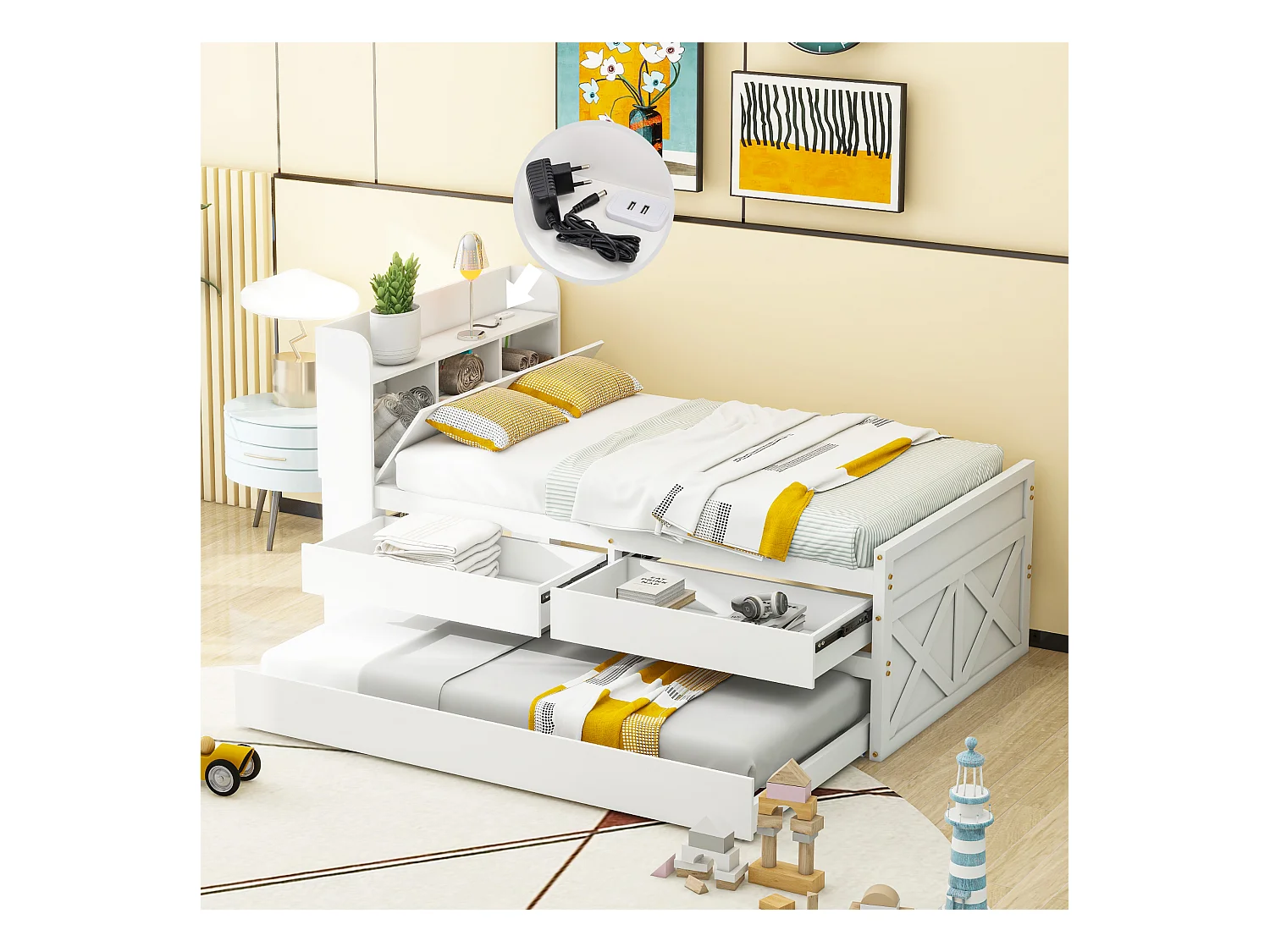 90x190 cm massief houten bed met uitschuifbare lade, lattenbodem en nachtkastje met USB, wit (213x94,5x105 cm)