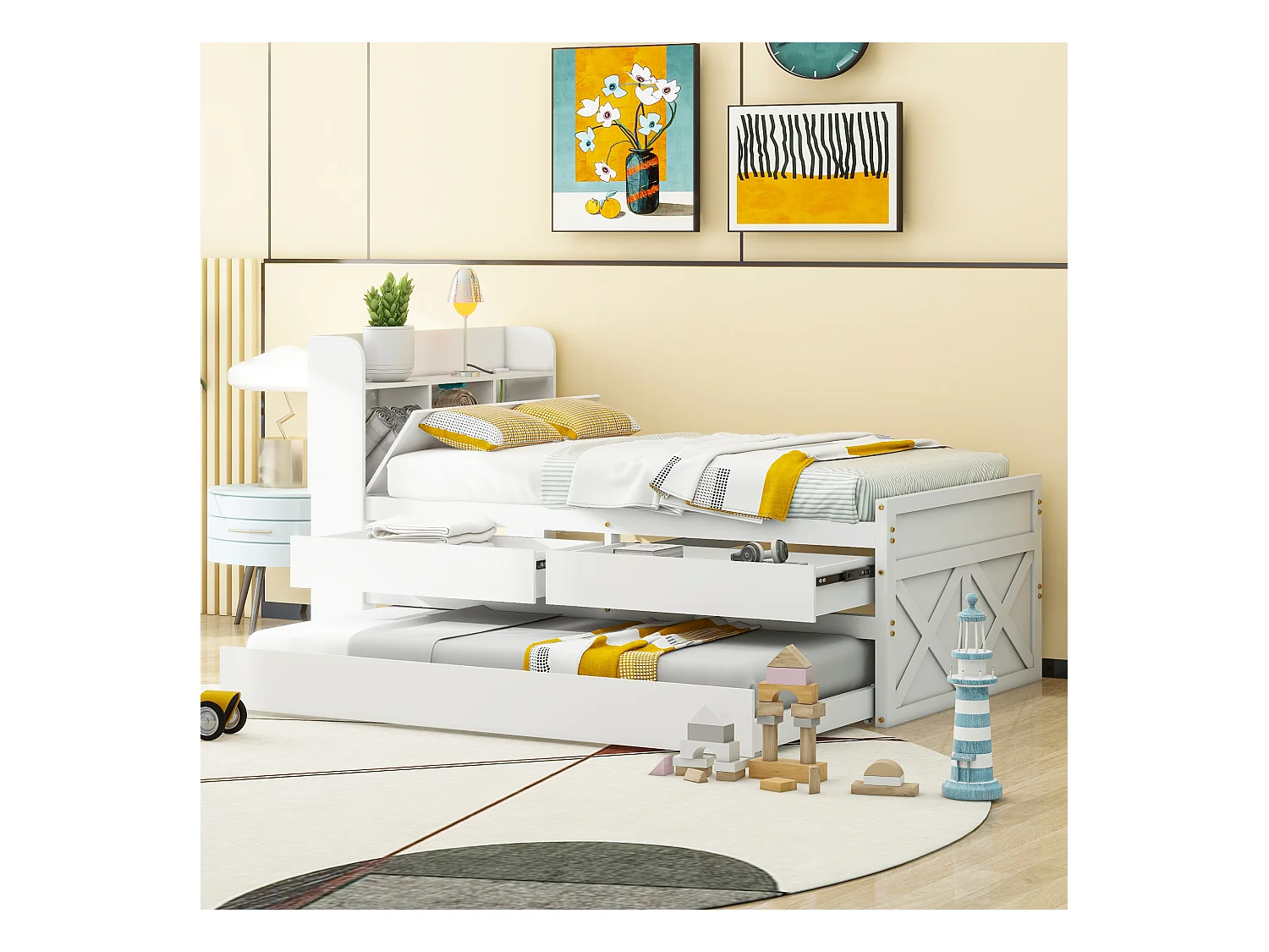 90x190 cm massief houten bed met uitschuifbare lade, lattenbodem en nachtkastje met USB, wit (213x94,5x105 cm)