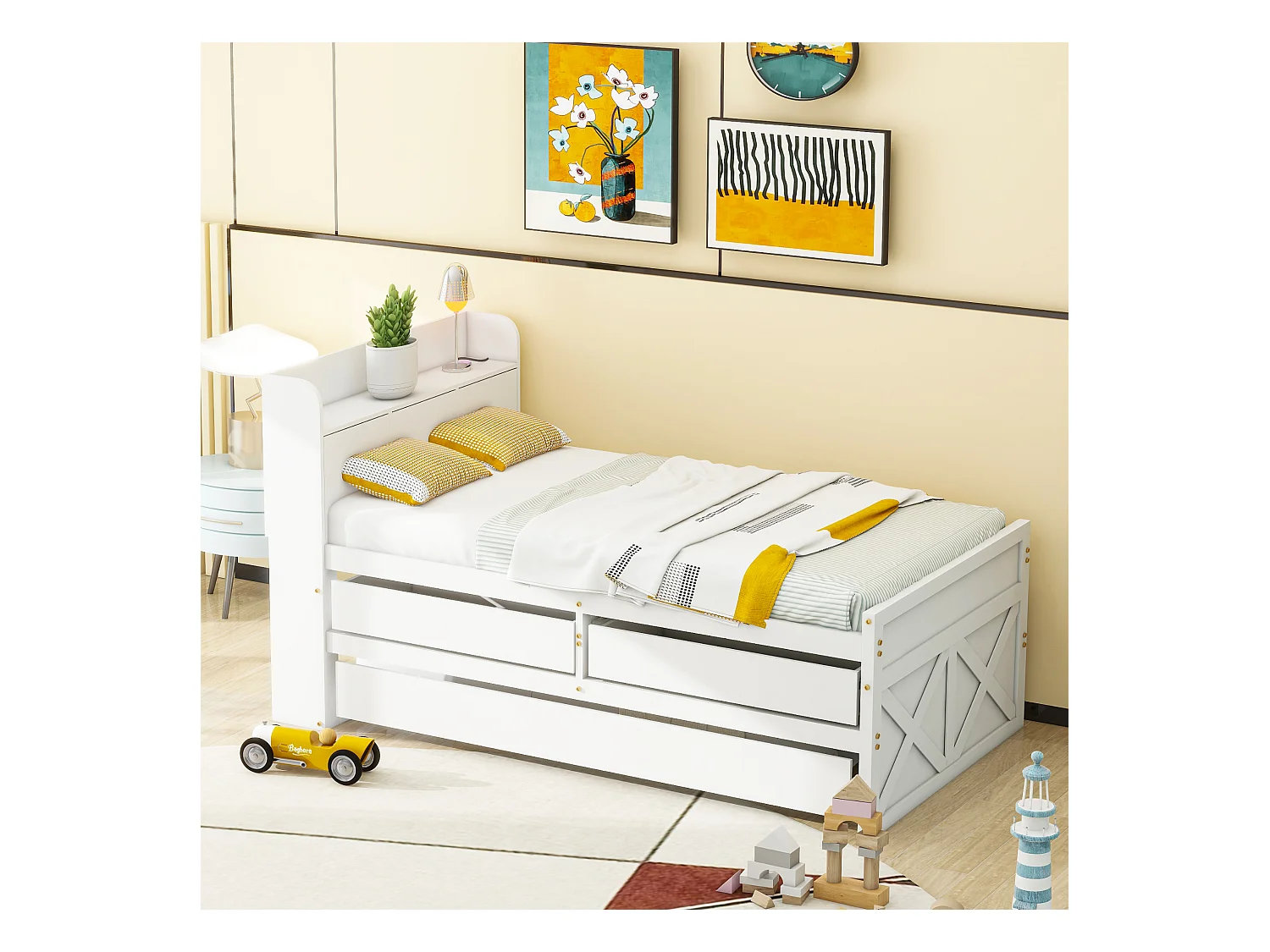 90x190 cm massief houten bed met uitschuifbare lade, lattenbodem en nachtkastje met USB, wit (213x94,5x105 cm)