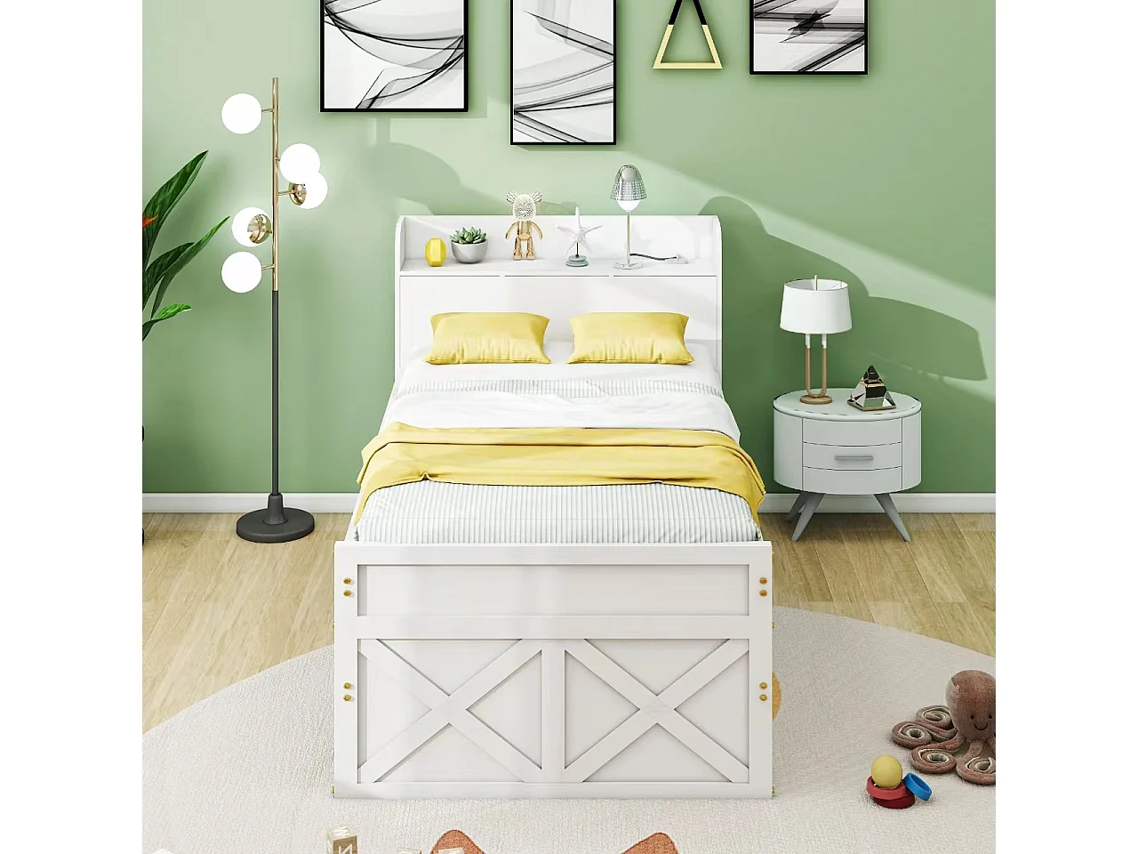 90x190 cm massief houten bed met uitschuifbare lade, lattenbodem en nachtkastje met USB, wit (213x94,5x105 cm)