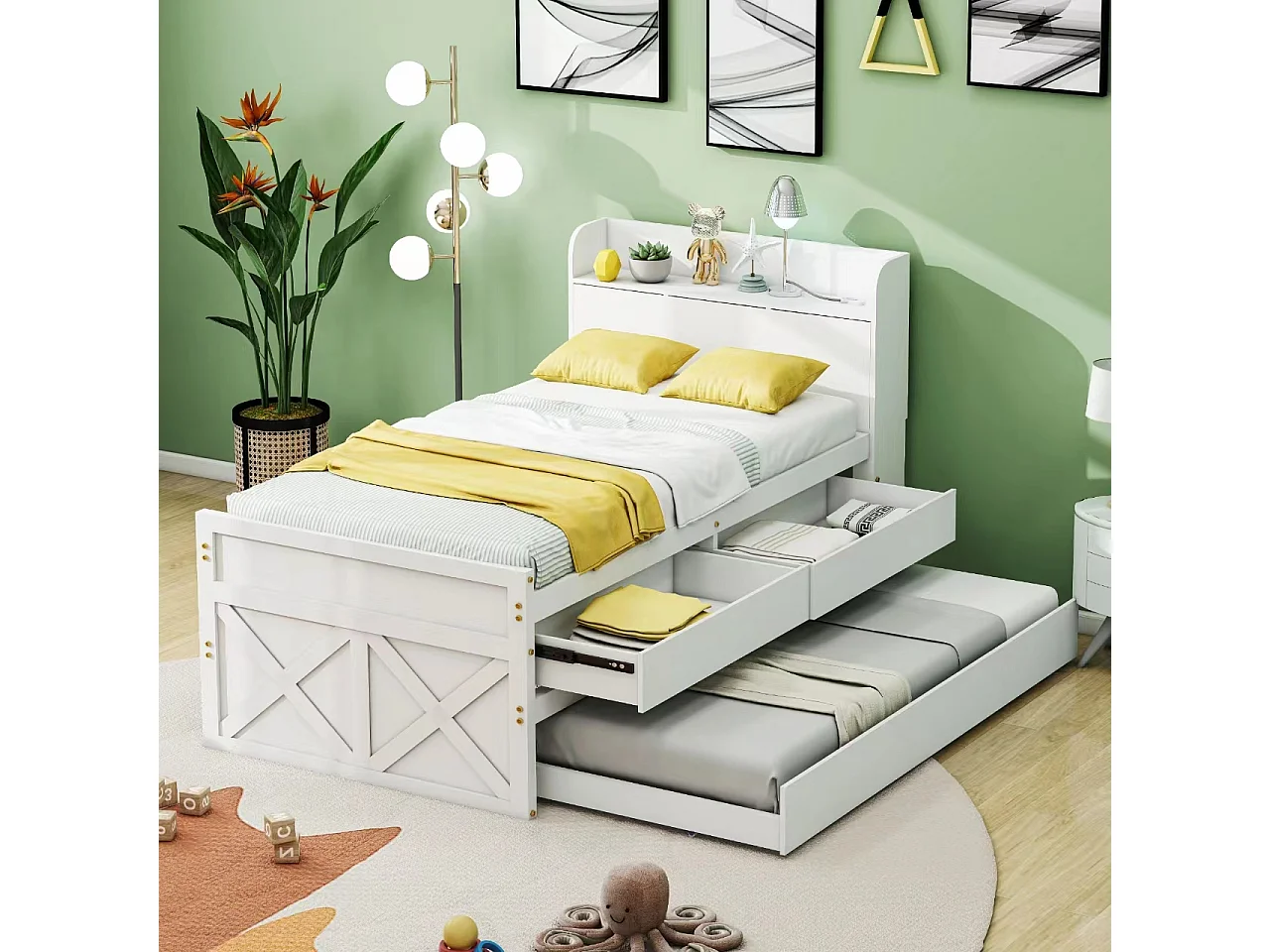 90x190 cm massief houten bed met uitschuifbare lade, lattenbodem en nachtkastje met USB, wit (213x94,5x105 cm)