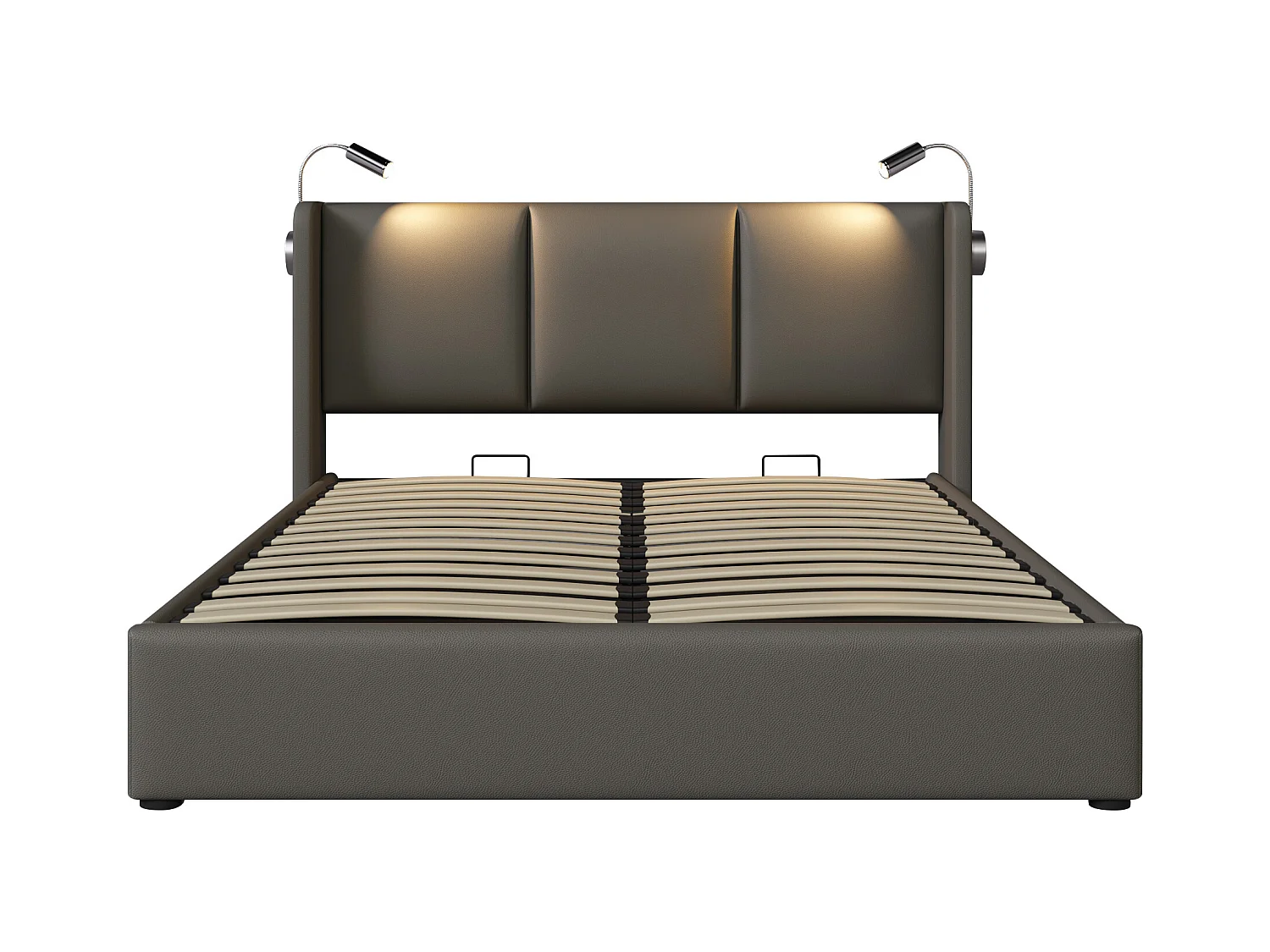 Letto contenitore matrimoniale con testiera, lampada da lettura e caricabatterie USB, struttura in PU grigio (206x165x107cm)