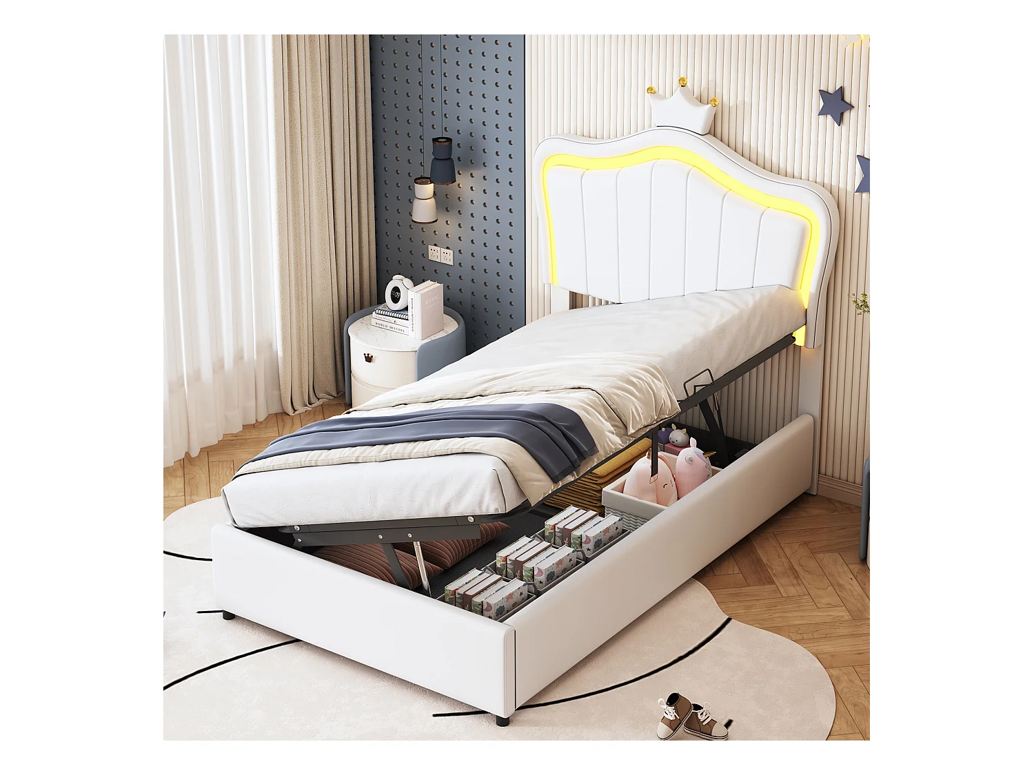 Letto per bambini in similpelle 90x200 cm, design a corona, illuminazione a LED, contenitore idraulico, testiera regolabile, bianco (203,5x90x120,5 cm)