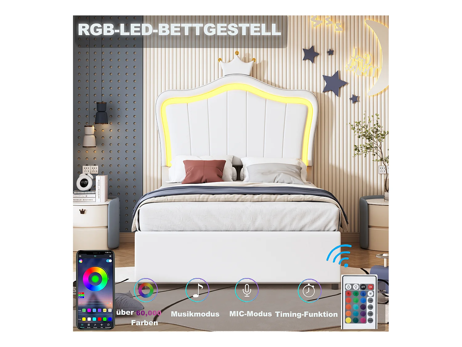 Letto per bambini in similpelle 90x200 cm, design a corona, illuminazione a LED, contenitore idraulico, testiera regolabile, bianco (203,5x90x120,5 cm)