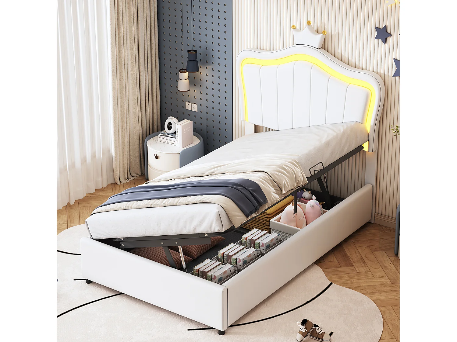 Kunstlederen kinderbed 90x200 cm, kroondesign, LED-verlichting, hydraulische opbergruimte, verstelbaar hoofdeinde, wit (203,5x90x120,5 cm)