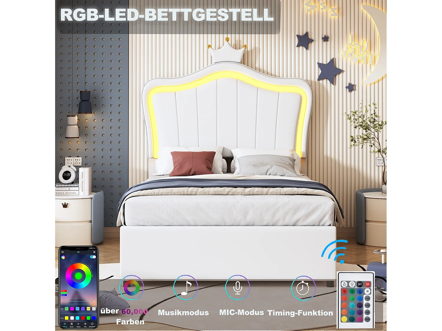 Kunstlederen kinderbed 90x200 cm, kroondesign, LED-verlichting, hydraulische opbergruimte, verstelbaar hoofdeinde, wit (203,5x90x120,5 cm)