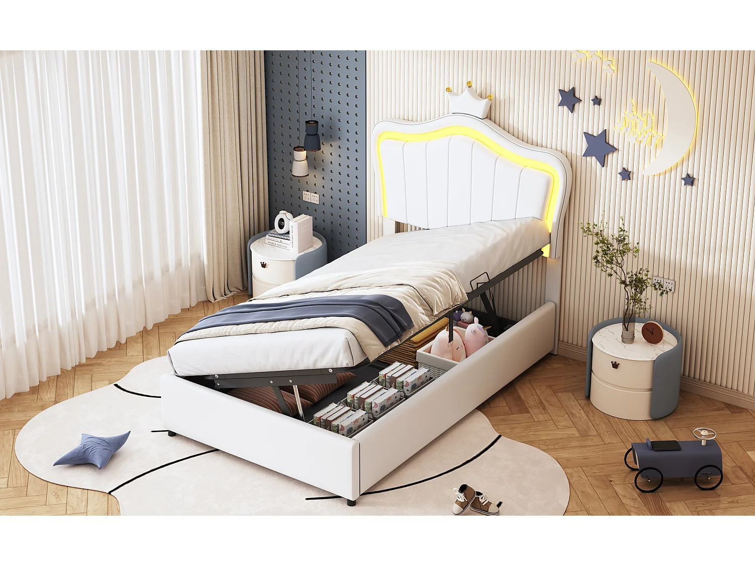 Kunstlederen kinderbed 90x200 cm, kroondesign, LED-verlichting, hydraulische opbergruimte, verstelbaar hoofdeinde, wit (203,5x90x120,5 cm)