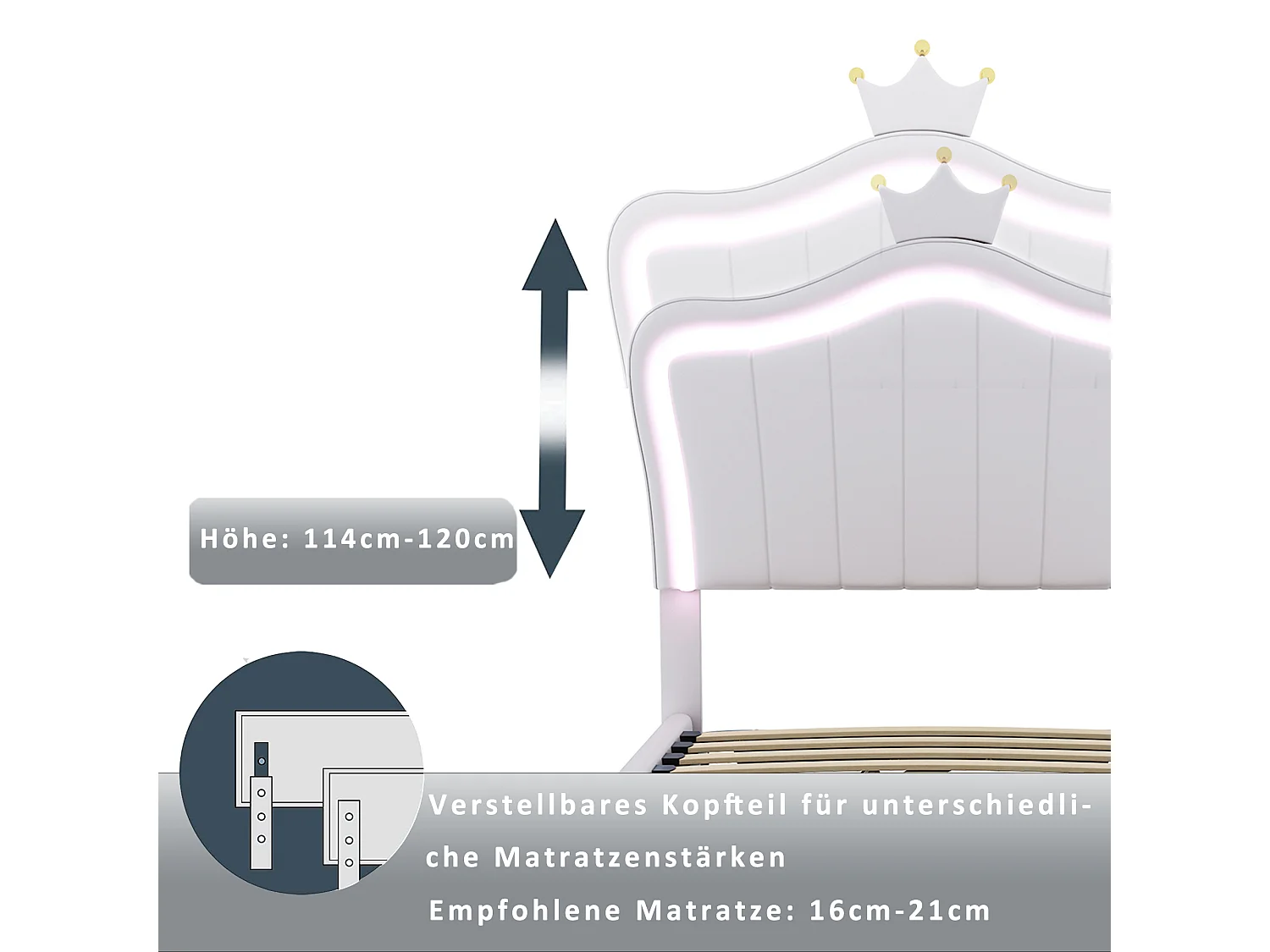 Kunstlederen kinderbed 90x200 cm, kroondesign, LED-verlichting, hydraulische opbergruimte, verstelbaar hoofdeinde, wit (203,5x90x120,5 cm)