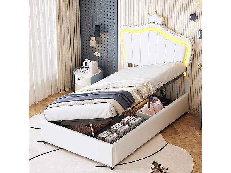 Kunstlederen kinderbed 90x200 cm, kroondesign, LED-verlichting, hydraulische opbergruimte, verstelbaar hoofdeinde, wit (203,5x90x120,5 cm)