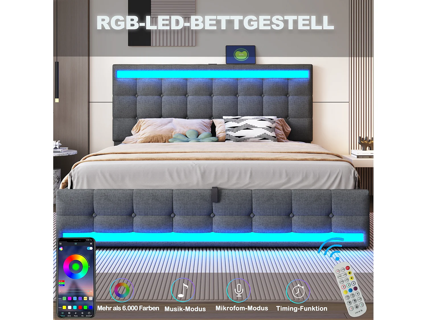 Lit avec rangement 180x200 cm, avec USB et lumière LED RGB, hydraulique, cadre en bois, gris (208x186x112 cm)