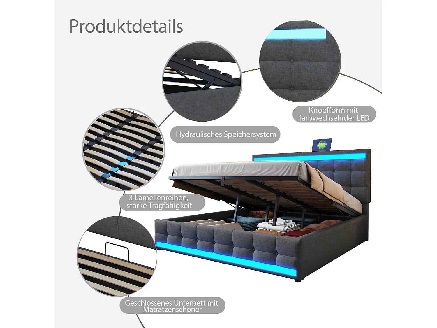 Lit avec rangement 180x200 cm, avec USB et lumière LED RGB, hydraulique, cadre en bois, gris (208x186x112 cm)