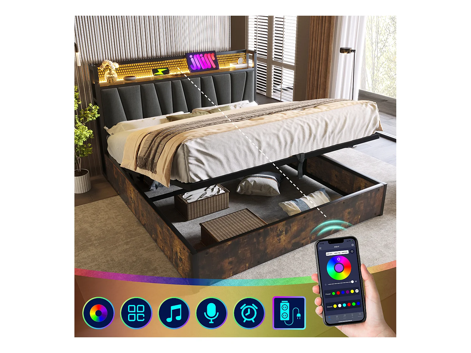 Metalen tweepersoonsbed met RGBW LED, app-bediening, USB Type-C, grijs linnen (146x222x99cm)